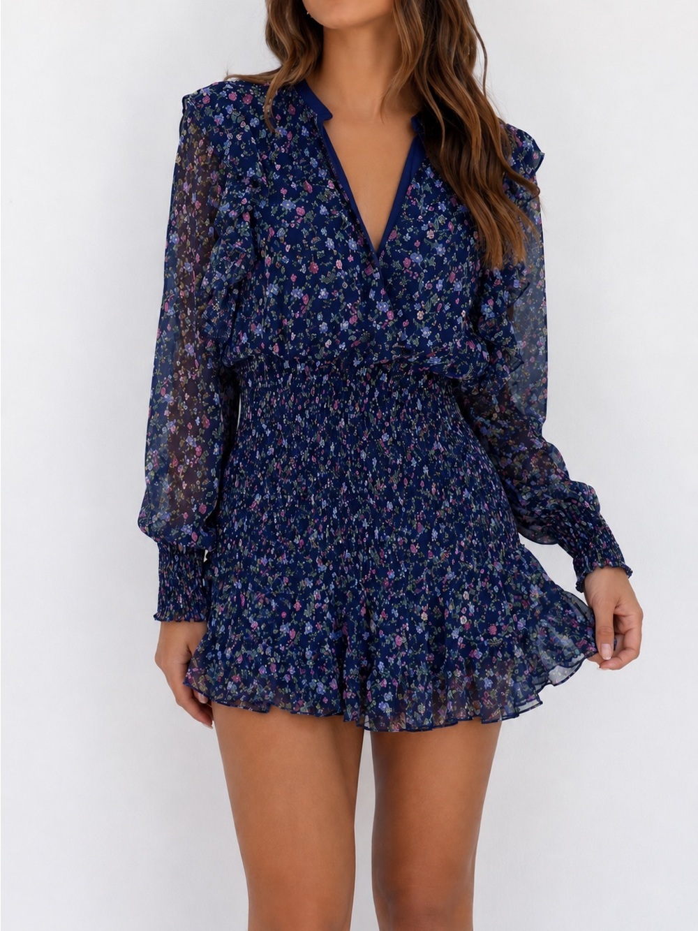 lush blue floral dress | Dresses | Lush Smocked Mini Medium Navy Ruffle Long Sleeve Cottagecore Color:ROYAL BLUE blue dress with yellow PriorityCore2025 White floral print With ruffled tiers